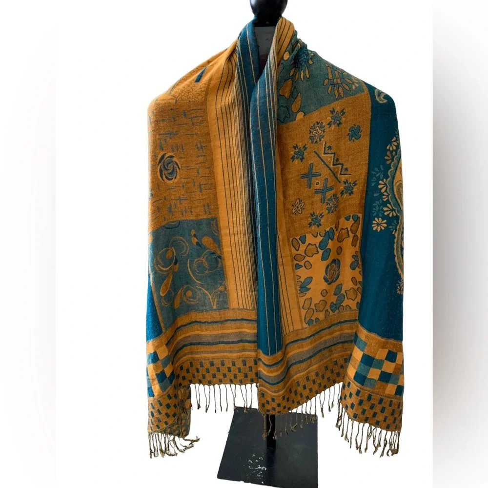 Pashmina Shawl Wrap Scarf Turquoise Gold Paisley Wool Large